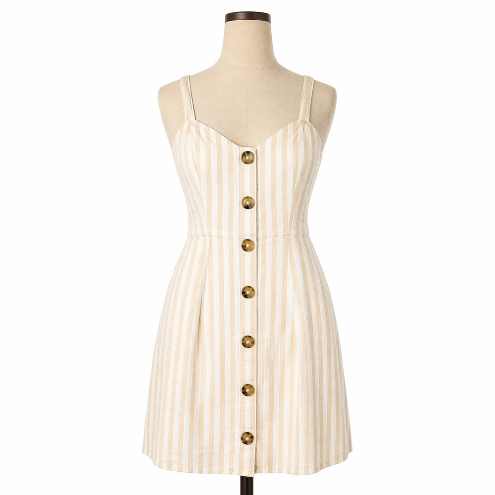 Abercrombie Striped Button Mini Sun Dress Sz XS Tan Coastal Smocked Beach Preppy